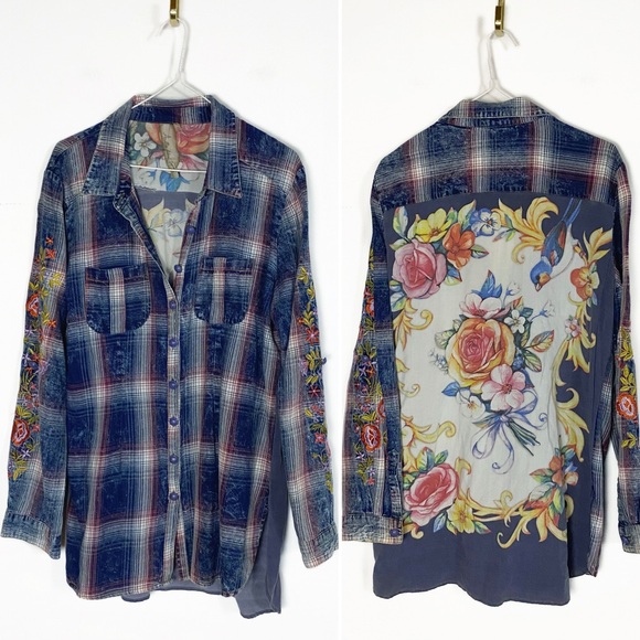 Aratta Silent Journey Tops - Aratta Silent Journey Womens Plaid Shirt Unique back Design size M Anthropology